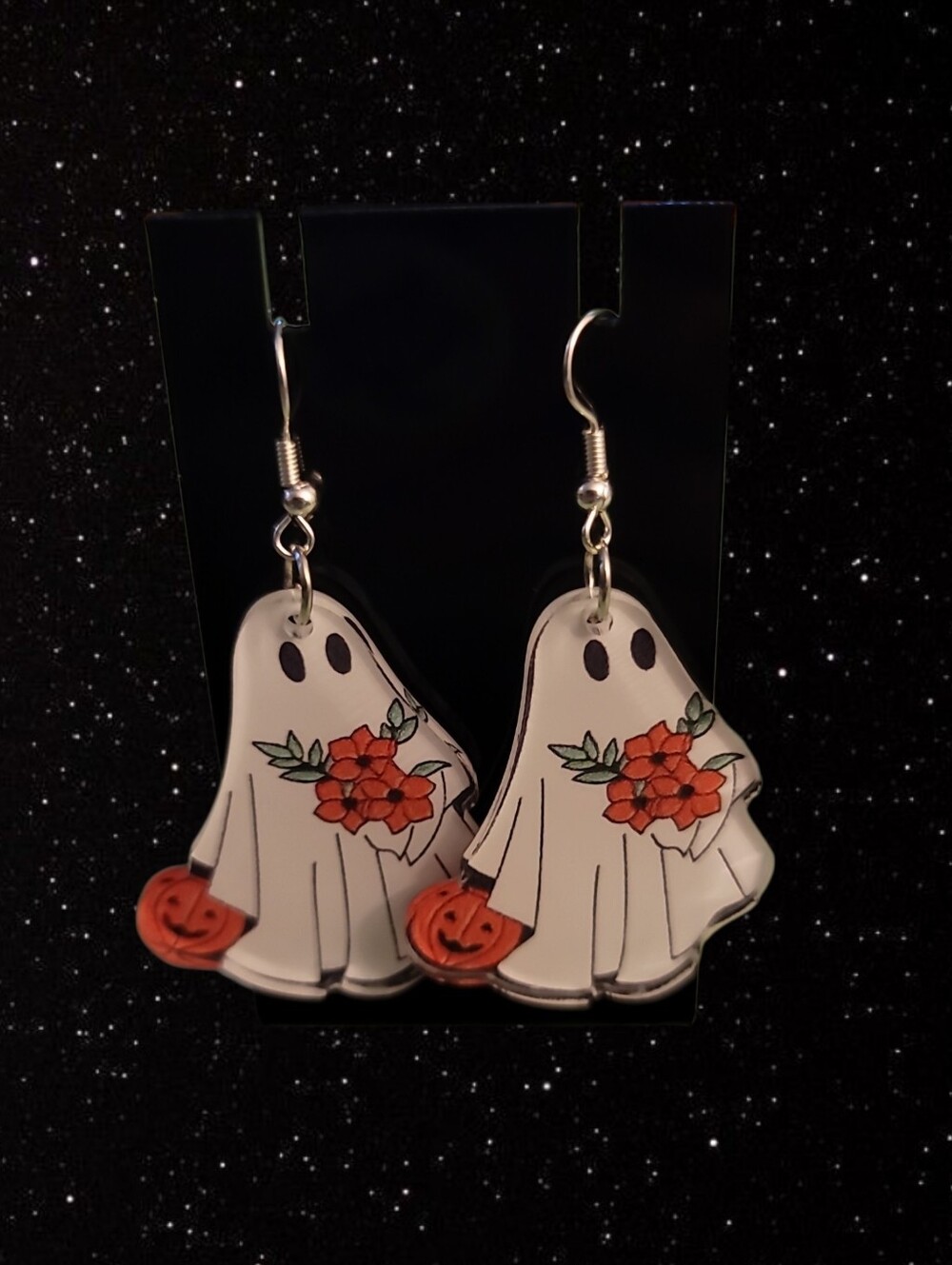 White Ghost Halloween Earrings with Orange Pumpkin & Floral Accent